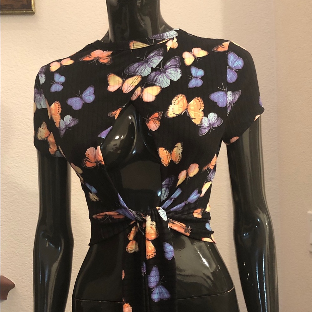 Black Butterfly-Print Tie-Front Women's Top